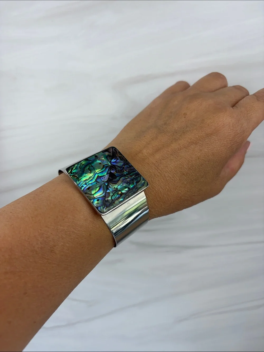 Silver Cuff Smart Bracelet with Abalone Iridescent Face